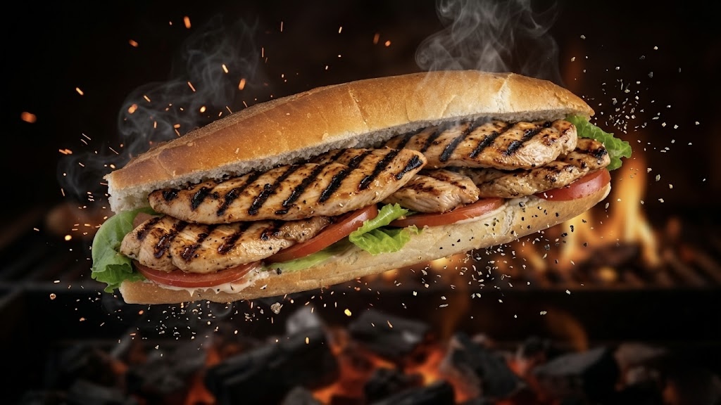 Grilled chicken baguette on the open flame