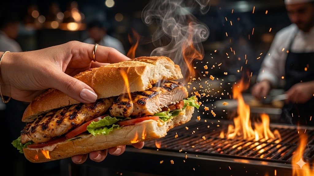 Hand holding grilled chicken baguette
